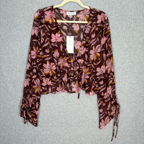 WAYF Blouse Womens Large Brown Pink‎ Floral Ruffle Crop Open Tie Bloom Cottage - Picture 1 of 13